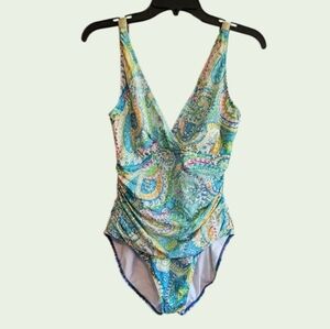 Lauren Ralph Lauren Carnival Paisley One Piece Swimsuit Gold Accents Ruched